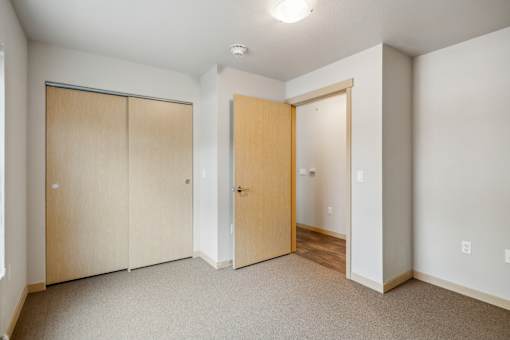 A room with a tan carpet and two wooden doors.