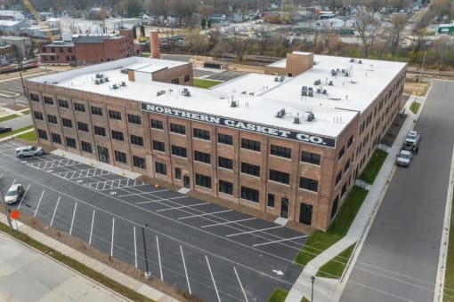 an aerial view of Brooke Street Lofts historic Northern Casket building in Fond du Lac, WI