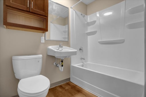 a bathroom with a toilet sink and a shower