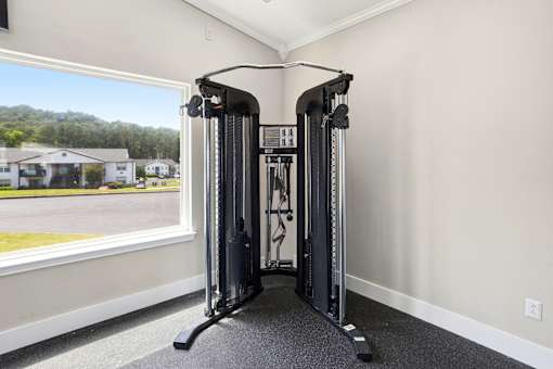 A black home gym setup with a squat rack and a window overlooking a residential area.