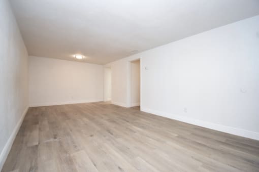 an empty living room with white walls and wood-style flooring