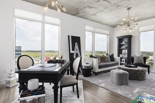 modern living room with hardwood style floors at Lake Nona Pixon, Orlando, 32827