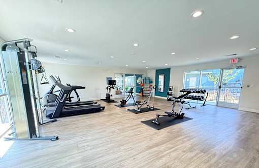 A gym with treadmills, elliptical machines, and other exercise equipment.
