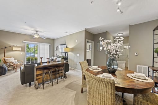 Fenwyck Manor model apartment dining and living area with model decor and furnishings