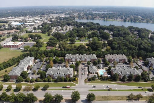 aerial view of Centerville Manor Apartments in Virginia Beach and the surrounding area