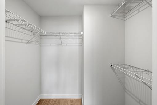 Empty walk-in closet with white walls and shelving.