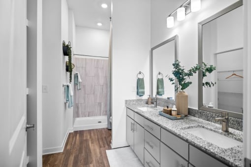 a bathroom with a sink and a shower