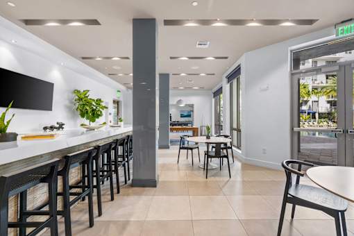 A white counter with black chairs and a green plant.