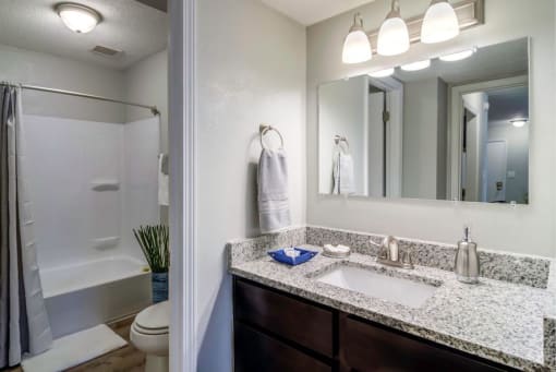 Bathroom with large granite sink vanity, lighting kit, and tub, shower, and toilet