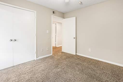 A room with two white doors and carpeted flooring.