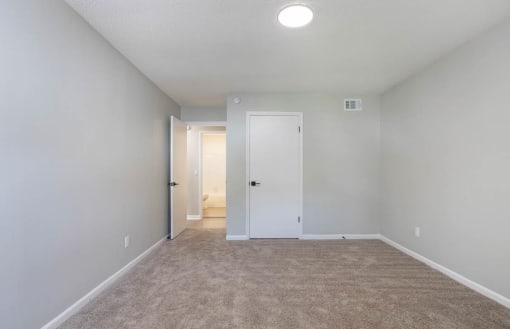 a carpeted bedroom with a large closet at The Onyx Hoover Apartments