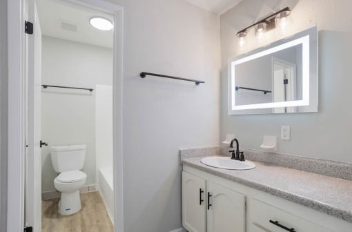 a primary bedroom bathroom with a smart mirror, sink vanity, toilet, and tub/shower