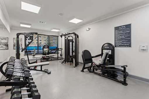 a gym with weights and cardio equipment in a building
