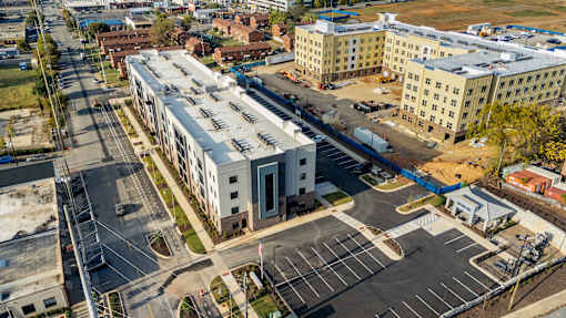 an aerial view of a building in a city