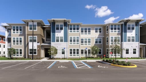 ample parking in front of stylish apartment exteriors