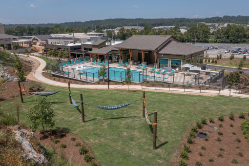 The hammock lounge and pool and sundeck at Canopy Park Apartments, Pelham, 35124