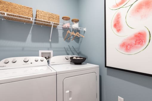 a large in-home laundry room with washer, dryer, and decor at Lake Nona Concorde