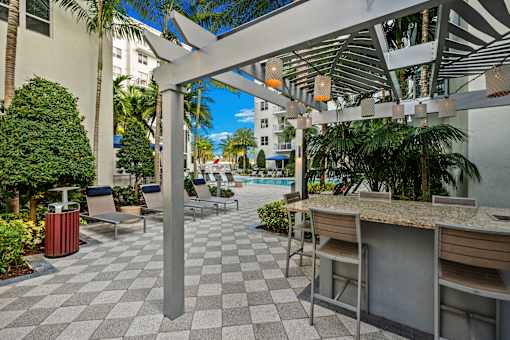 A patio with a bar and chairs under a canopy.