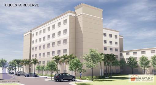 Exterior rendering of Tequesta Reserve affordable senior apartments in Davie, Florida.