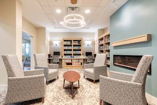 A room with a fireplace and bookshelves.