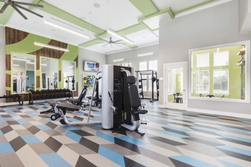 weight tower in center of fitness center