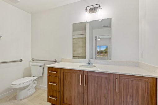 a bathroom with a toilet and a sink and a mirror