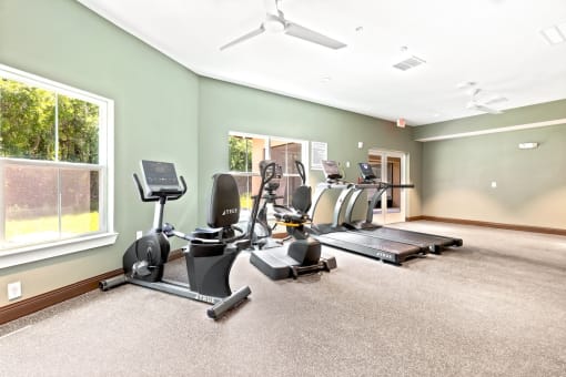 the gym has plenty of cardio equipment and a large window