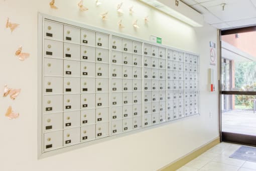 Resident mailboxes inside at Orlando Cloisters Senior Apartments