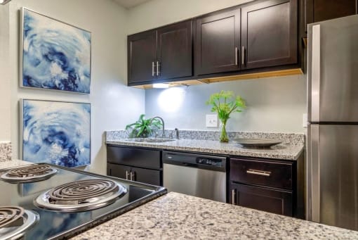 Kitchen with stainless steel appliances and granite countertops at The Onyx Hoover Apartments