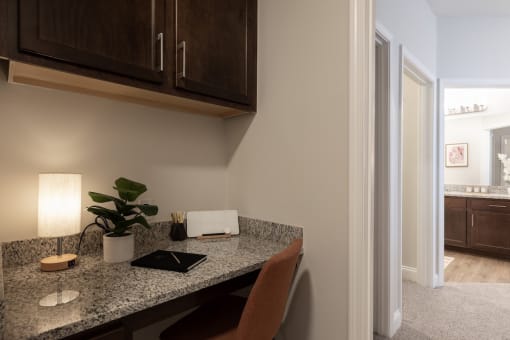 an office with a desk with a computer and a plant