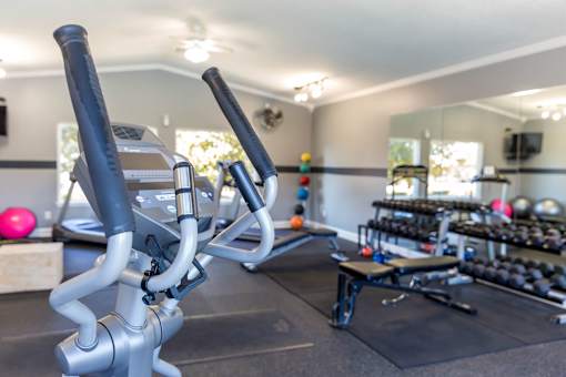 A gym with a row of exercise bikes and a bench with dumbbells on it.