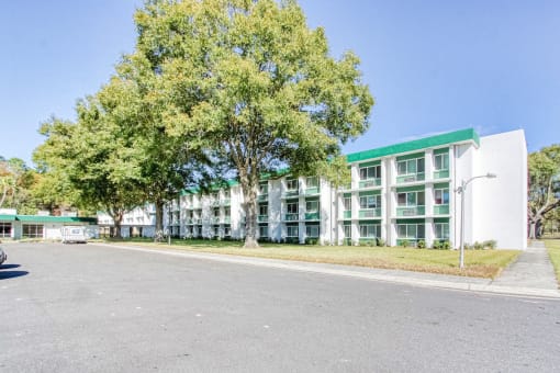 Mature trees and sidewalks in front of Morris Manor Senior Apartments