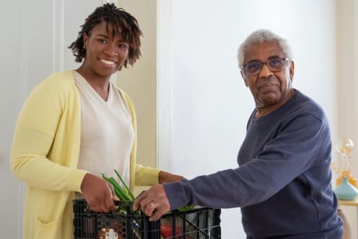 a woman delivering groceries to a senior citizen man