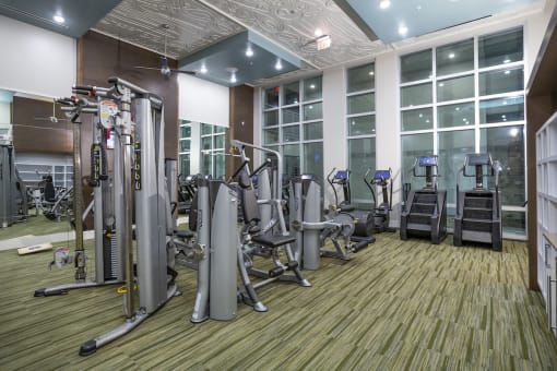 massive fitness center with techno-gym equipment at Residences at The Green Apartments for rent in Lakewood Ranch