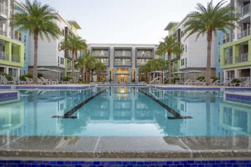 Olympic-sized, resort-style swimming pool surrounded by palms at Residences at The Green