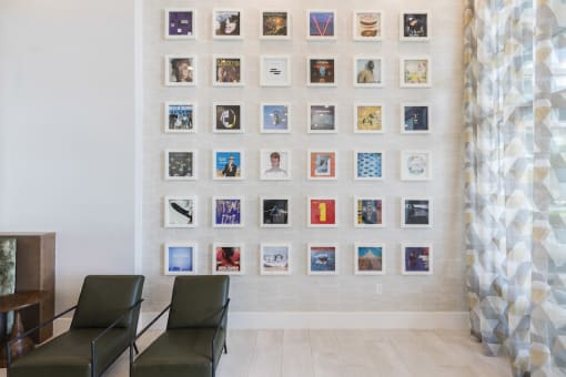 Lounge with vintage record albums on the wall