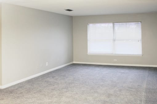 large carpeted living room with a wide window and mini blinds at The Bluffs Apartments in Jasper, AL