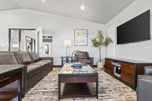 a living room with couches a coffee table and a television