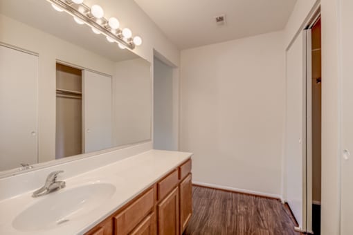 a bathroom with a sink and a mirror