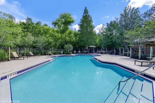 Swimming pool with lounge seating surrounded by native landscaping
