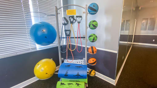 Fitness center with yoga balls, medicine balls, yoga mats, resistance bands and wall made up of mirrors