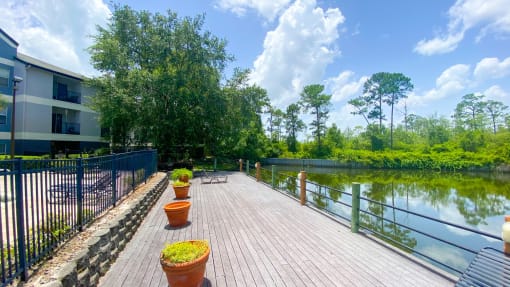 Sundeck with lounge seating overlooking lake surrounded by native landscaping