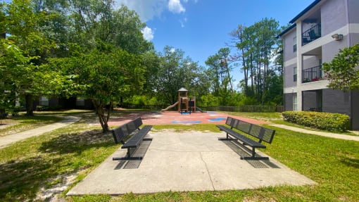 Outdoor benches next to playground