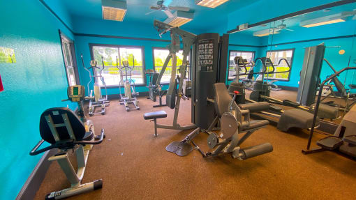 Fitness center with cardio equipment, strength training equipment, and large windows for natural lighting