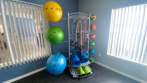 Fitness center equipped with yoga mats, weighted medicine balls, and resistant bands