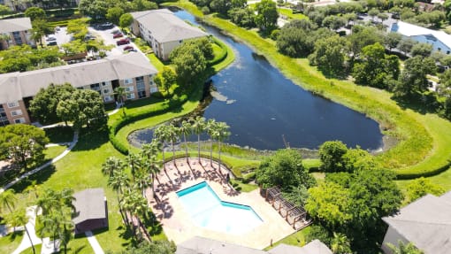 Aerial View of Apartment Community with Body of Water