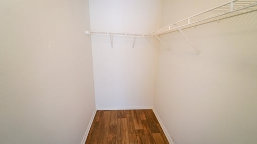 Large Closet with Hardwood Style Flooring and Wired Shelving