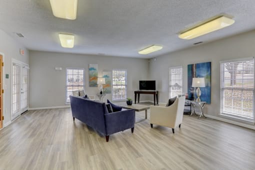 a living room with couches and chairs and a television