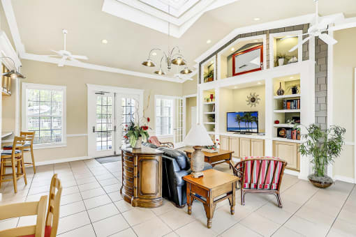 Clubhouse interior with ceramic tile flooring.