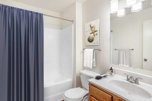 Bathroom with mirror above sink and towel rack. Bath tub with shower curtain.